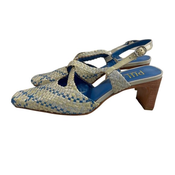 Pula Women’s  Yellow Blue Squared Toe Heeled Sandals Sz 6B - Picture 2 of 8